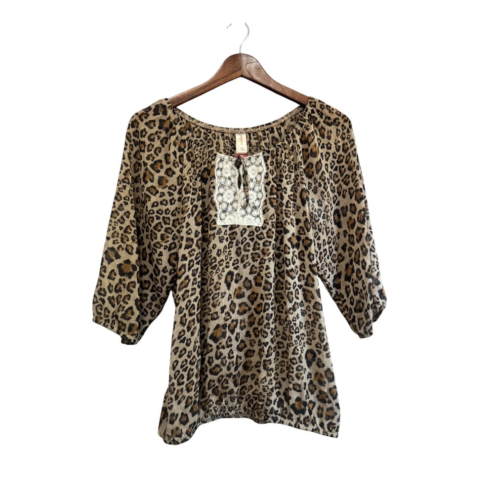 No Boundaries Peasant Top Women L Brown Excellent Leopard Print Lace Boho Blouse